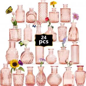 Wholesale Pink Vintage Small Glass Bud Vase Cute Glass Bottle Vases for Centerpieces Rustic Decorative Wedding Table Home
