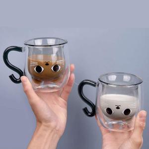 borosilicate double wall colored cat cup glass suction animal glass cup coffee mug with handle